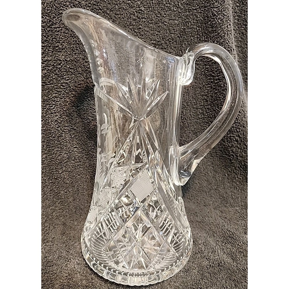 American Brilliant Period Floral Etched/Cut 10" Crystal Pitcher